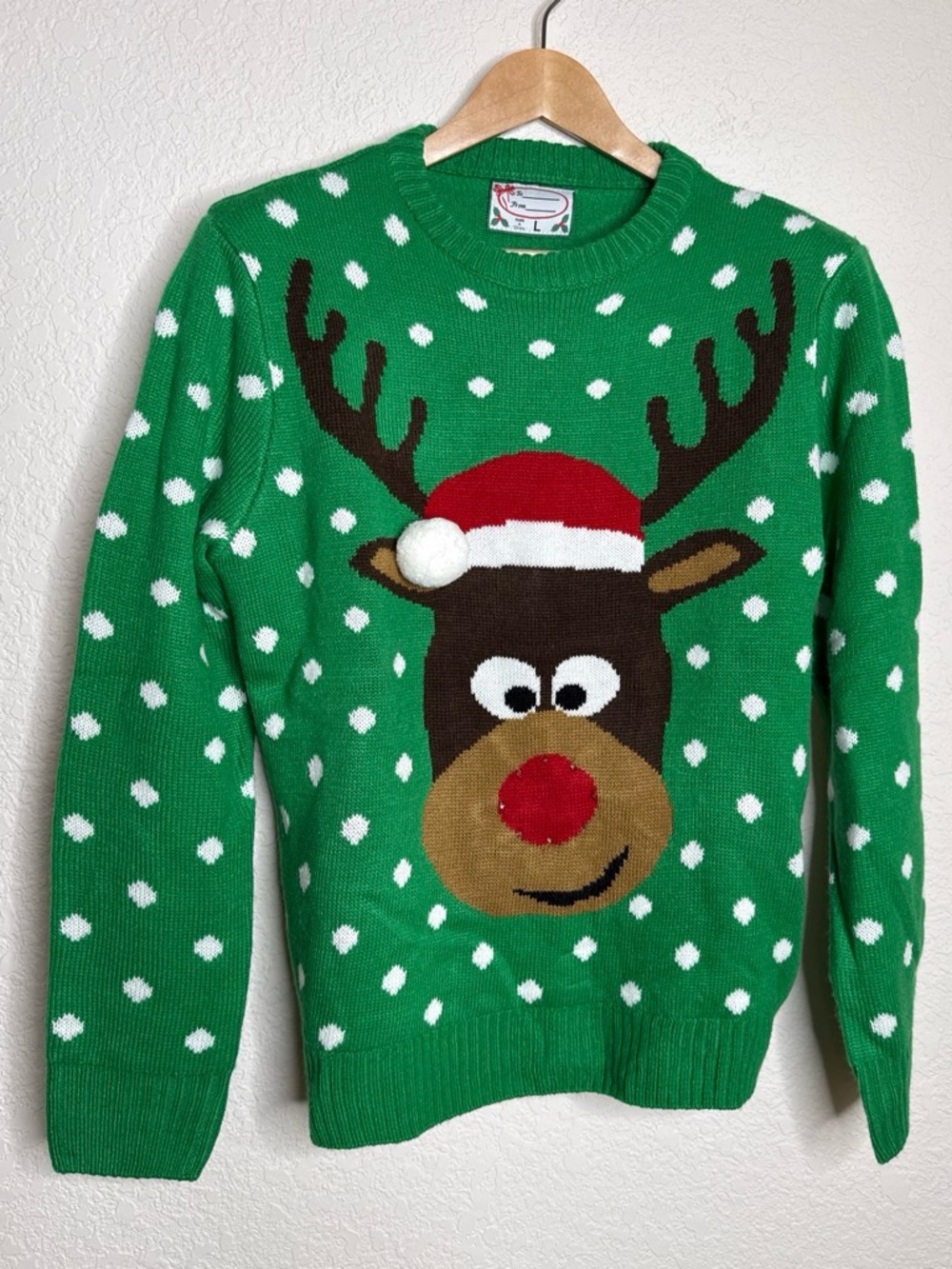 Light-Up Reindeer Ugly Christmas Sweater Green L Holiday Festive Rudolph